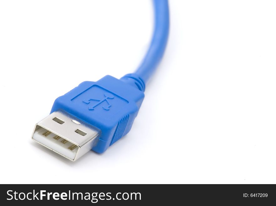 Close Up / Macro of a Blue Computer USB Cable on an Isolated Background. Close Up / Macro of a Blue Computer USB Cable on an Isolated Background