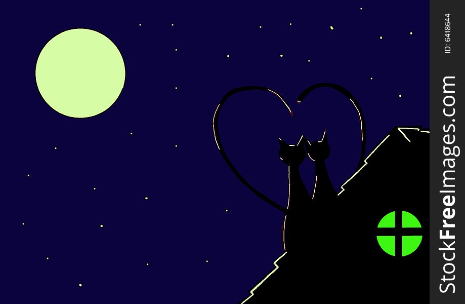 A sentimental illustration in which two cats, in love with each other, are watching the moon, sitting on a roof. A sentimental illustration in which two cats, in love with each other, are watching the moon, sitting on a roof