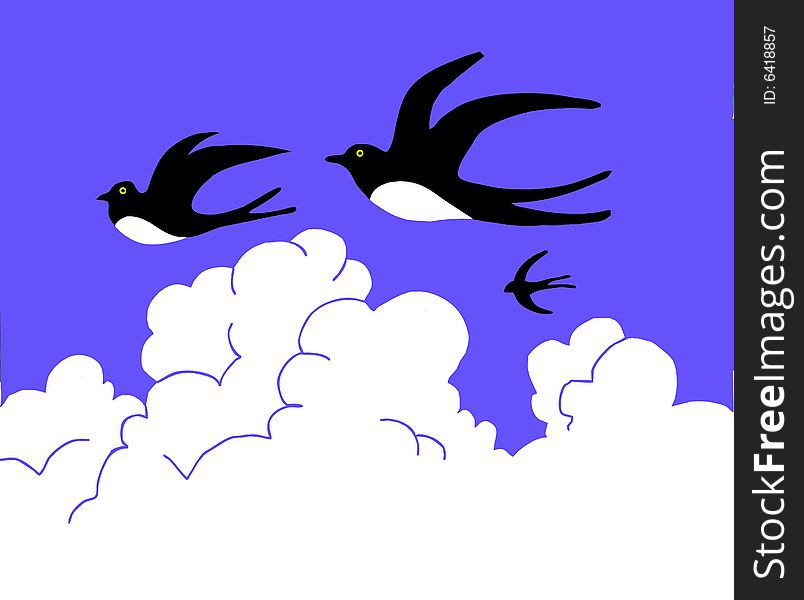 Drawing swallow flying to cloudy sky
