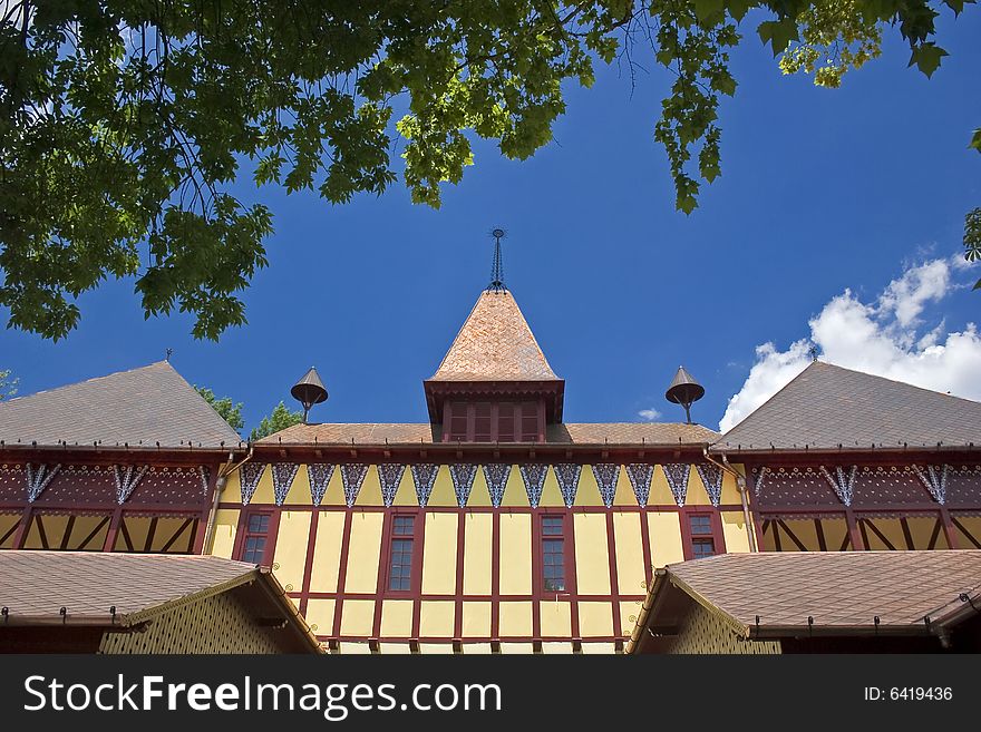 Nice roof details with branches and blue sky in the background. Nice roof details with branches and blue sky in the background