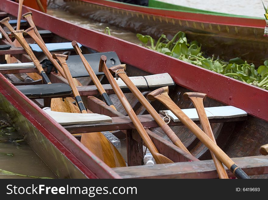 Oars on board a traditional Thai long boat. Oars on board a traditional Thai long boat