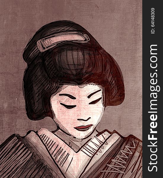 Hand drawn illustration or drawing of a japanese  traditional geisha