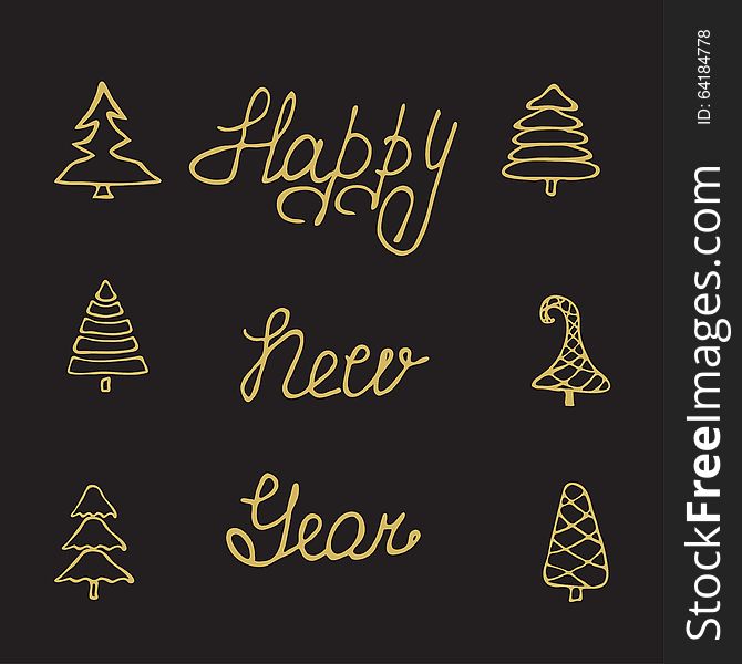 Christmas hand drawn fir tree branches with calligraphy greeting card. Lettering greeting card Happy New Year. Handwritten holiday vector. Christmas hand drawn fir tree branches with calligraphy greeting card. Lettering greeting card Happy New Year. Handwritten holiday vector