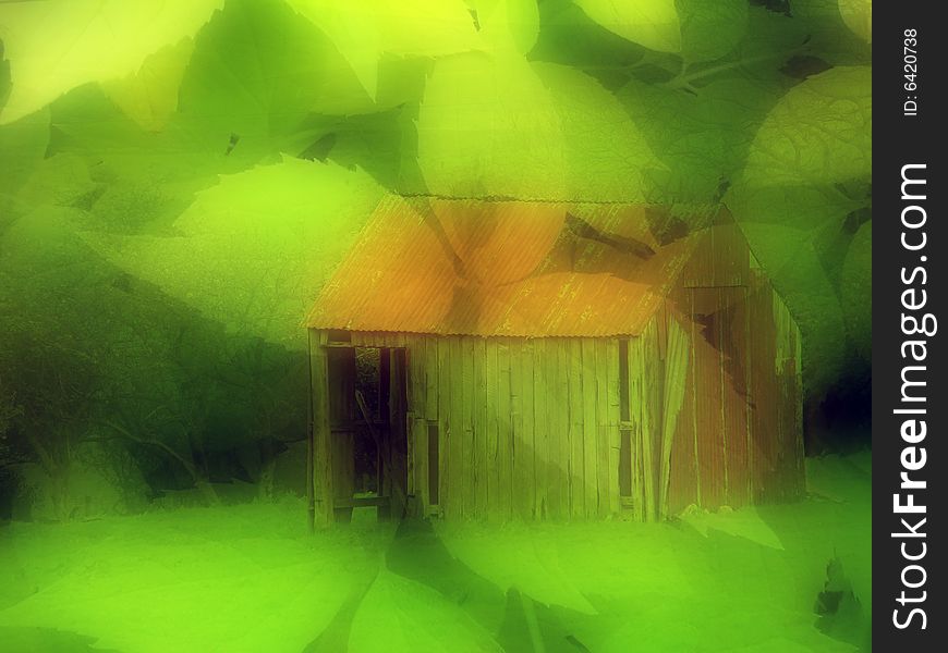Old farm shed overlaid with green leaves. Old farm shed overlaid with green leaves