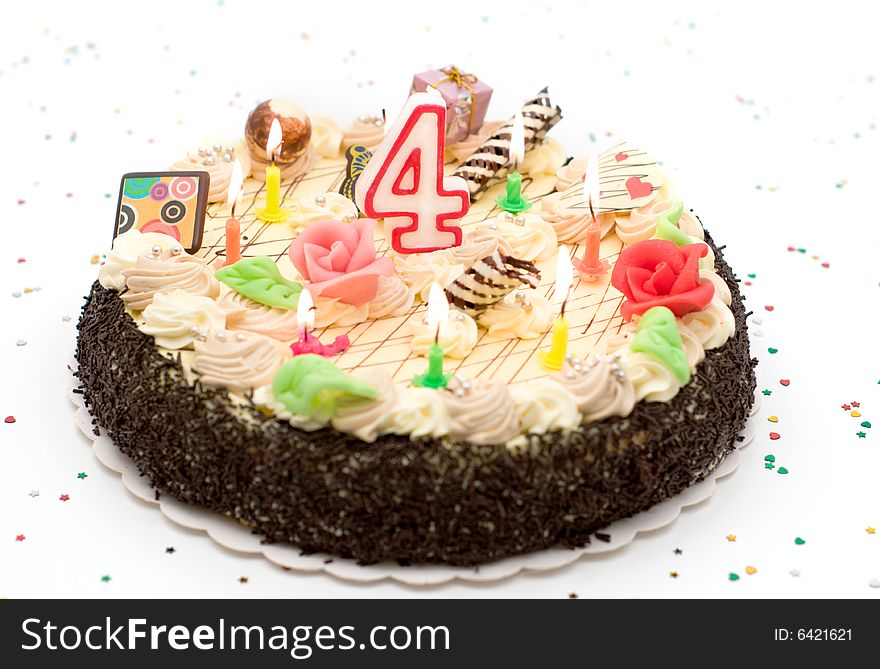 Cake with candle on white background