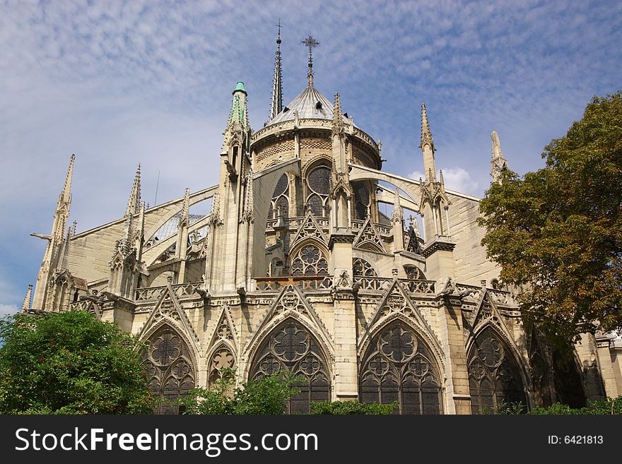 Notre Dam cathedral of Paris, horizontal, blue sky and trees