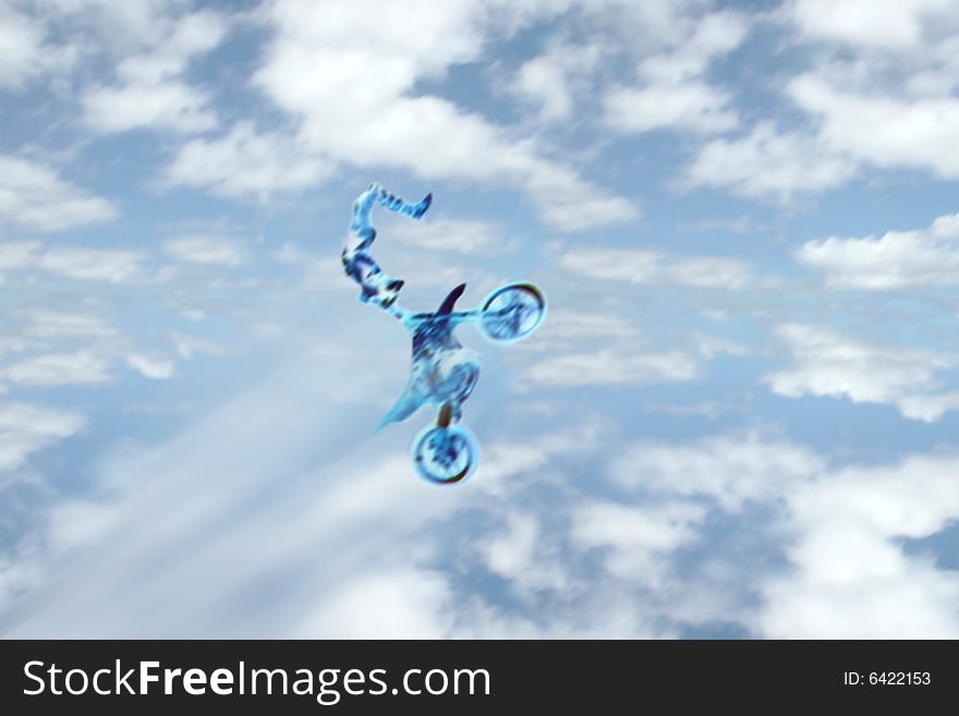 A motion blur of a stunt rider doing tricks on his motorbike against a cloudy sky. A motion blur of a stunt rider doing tricks on his motorbike against a cloudy sky