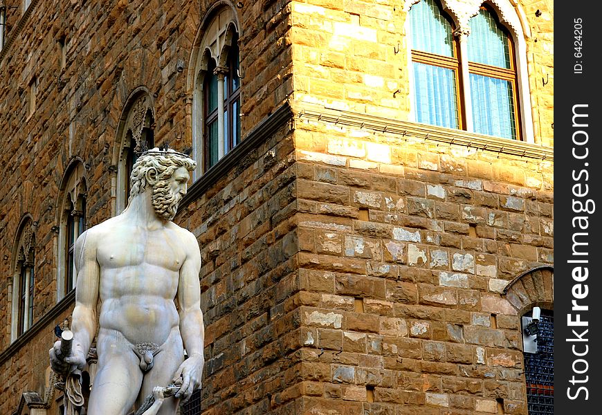 A spectacular glimpse of the Neptune's fountain in Signoria square in Florence. A spectacular glimpse of the Neptune's fountain in Signoria square in Florence