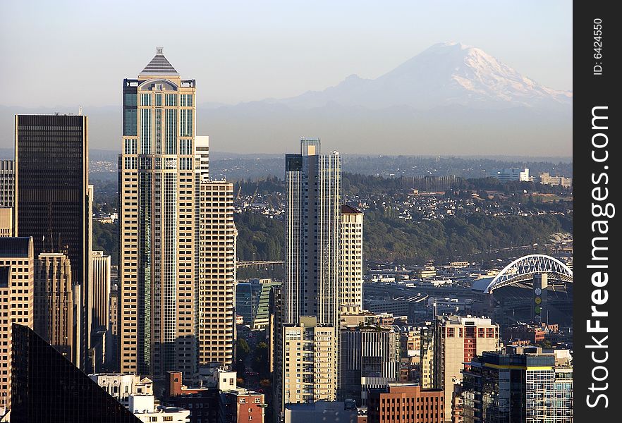 The view of Seattle downtown with mountains in a background.