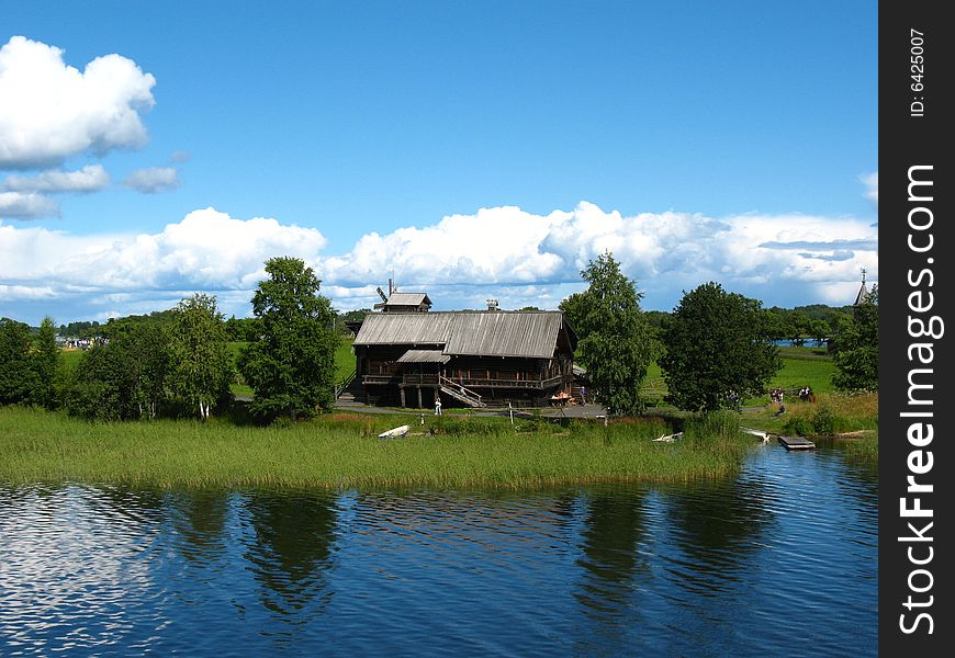 Onega lake. Archipelago of Kizhi. Picturesque landscape. North forest island. Summer. Historical museum ensemble.