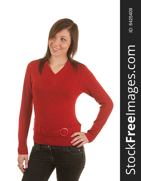 Girl in red belted sweater