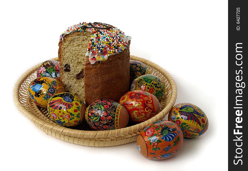 Cake and Easter eggs in the basket