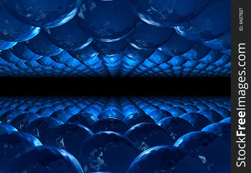 Blue parallel spheres with a white lighting in black background