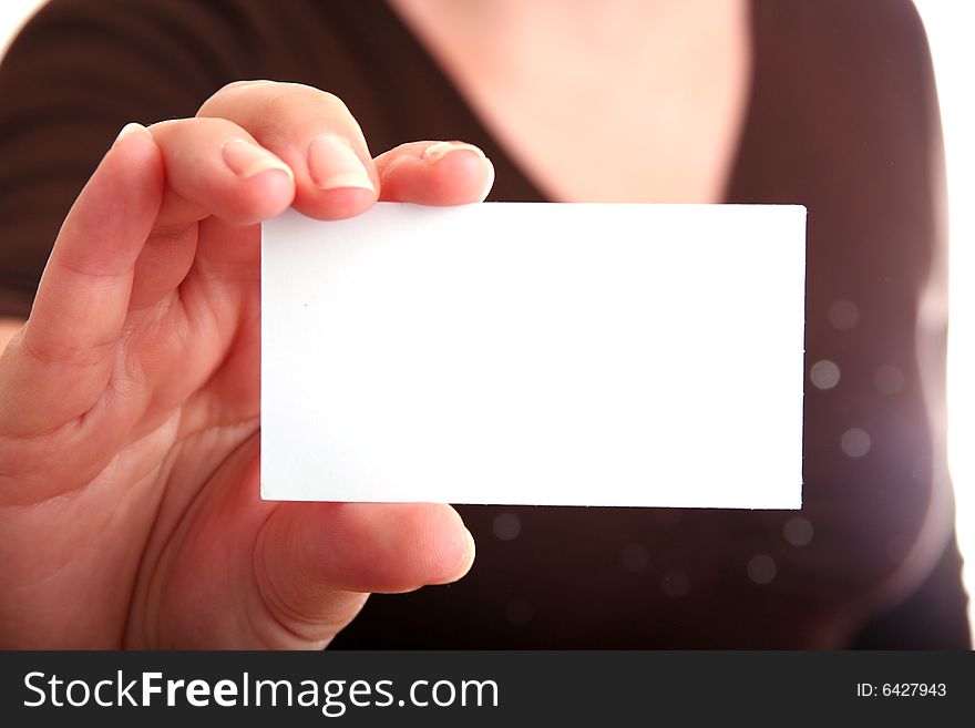 Woman is holding a business card