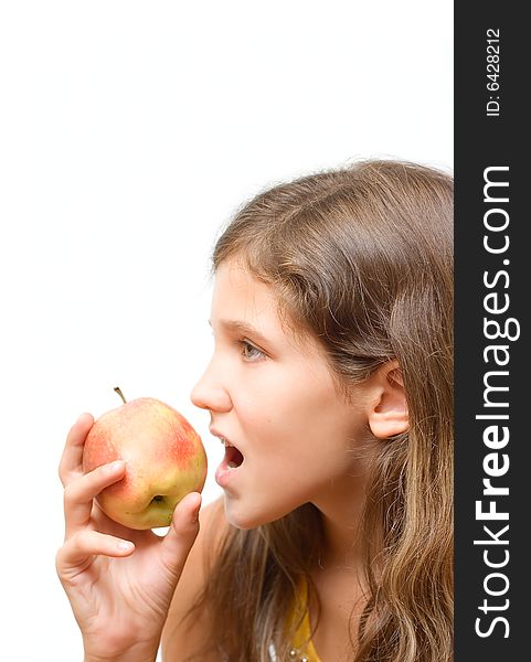 Teen girl eat apple isolated on white