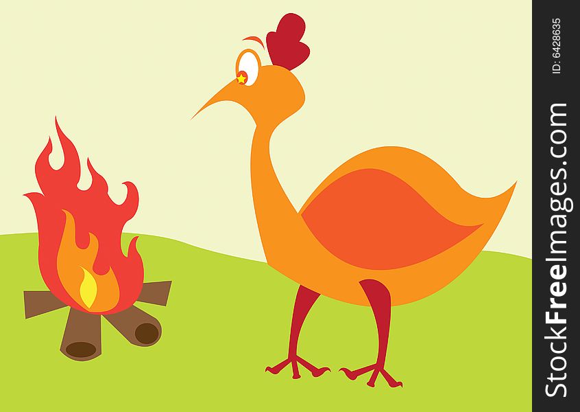 Worried turkey looking at fire. Worried turkey looking at fire