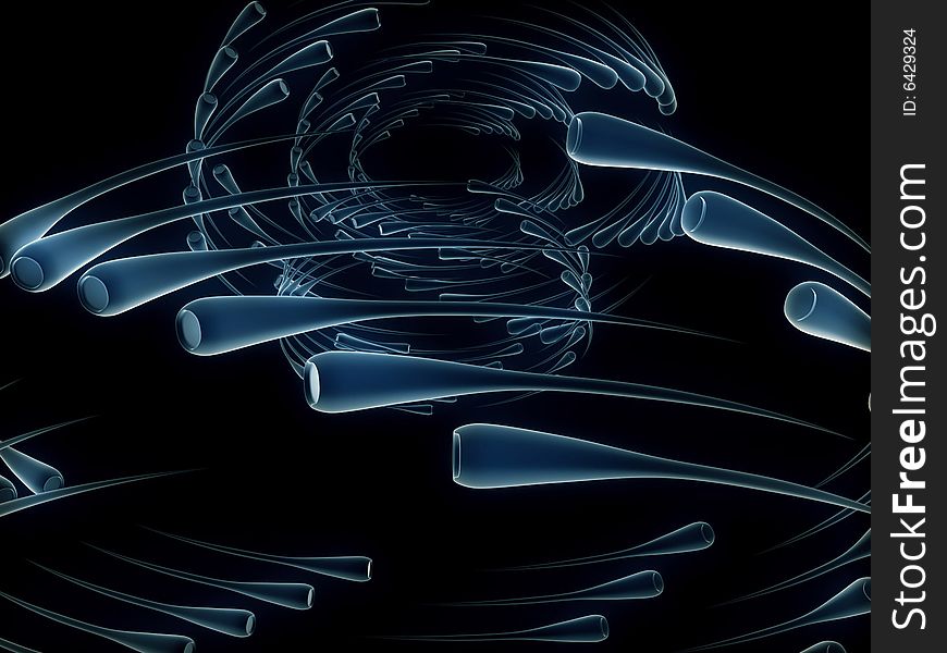 Blue fantasy alien objects in circular arranges in dark background