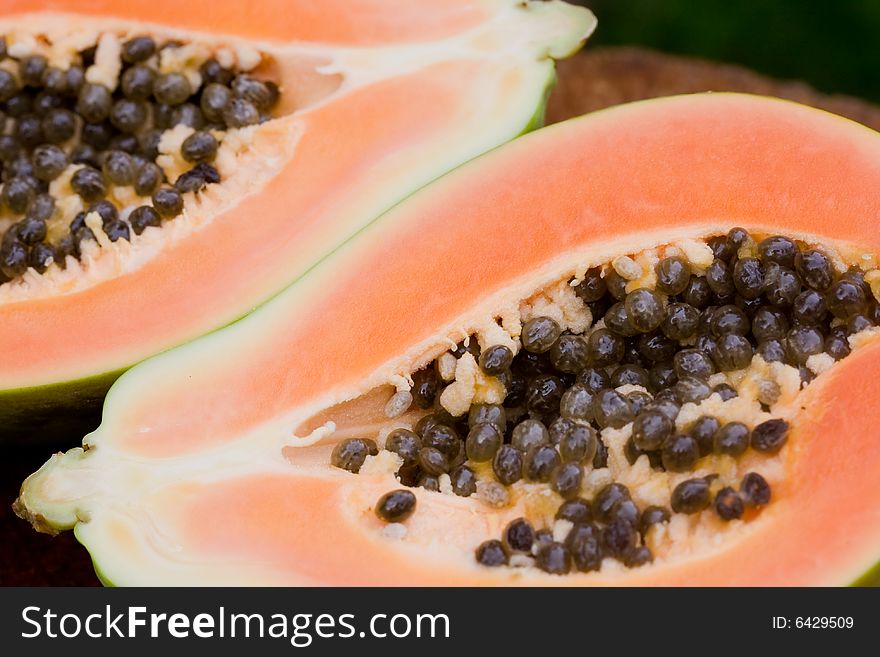 Close up of a juicy papaya with seeds