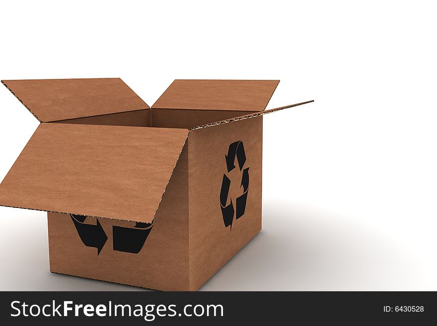 Open empty cardboard with recycle sign - 3d render illustration