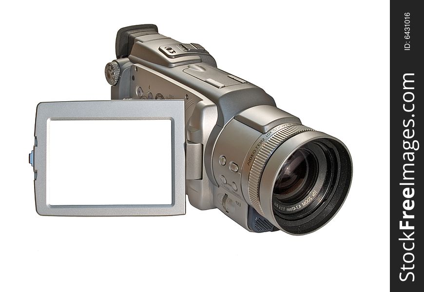 Digital camcorder isolated on white with empty copyspace on the screen ready for your picture