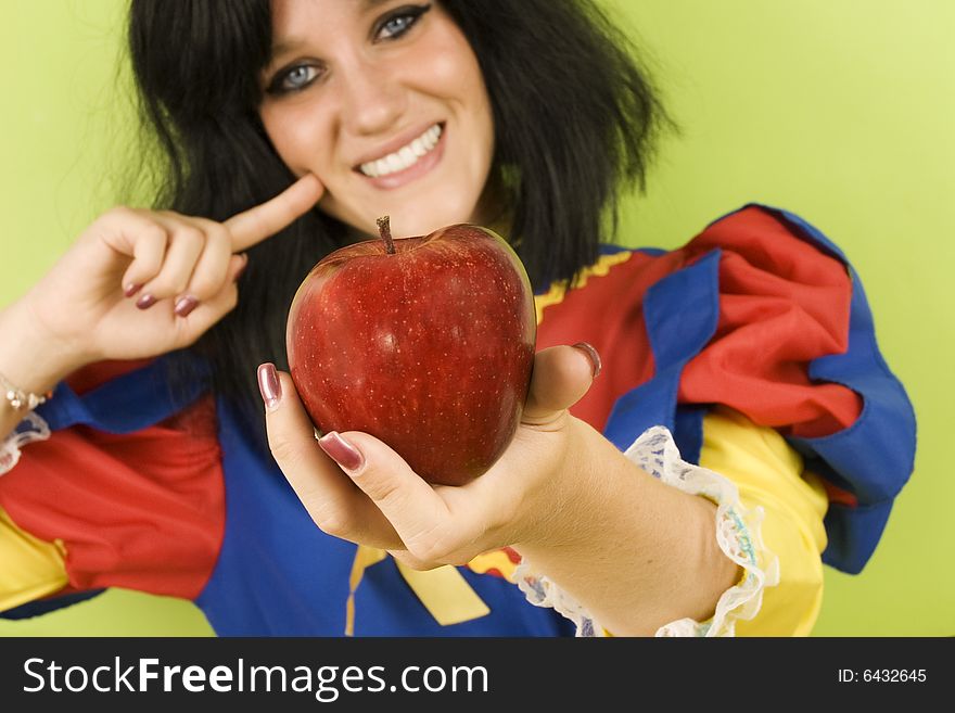 Smiling Snow White foretasting her apple. Smiling Snow White foretasting her apple
