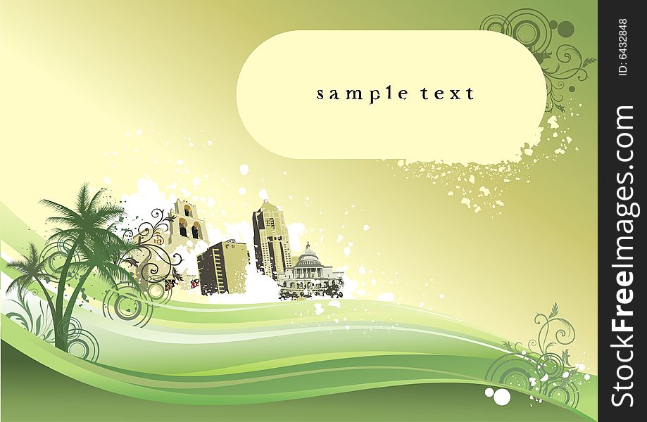 Green floral pattern with palm and houses for  entering text. Green floral pattern with palm and houses for  entering text