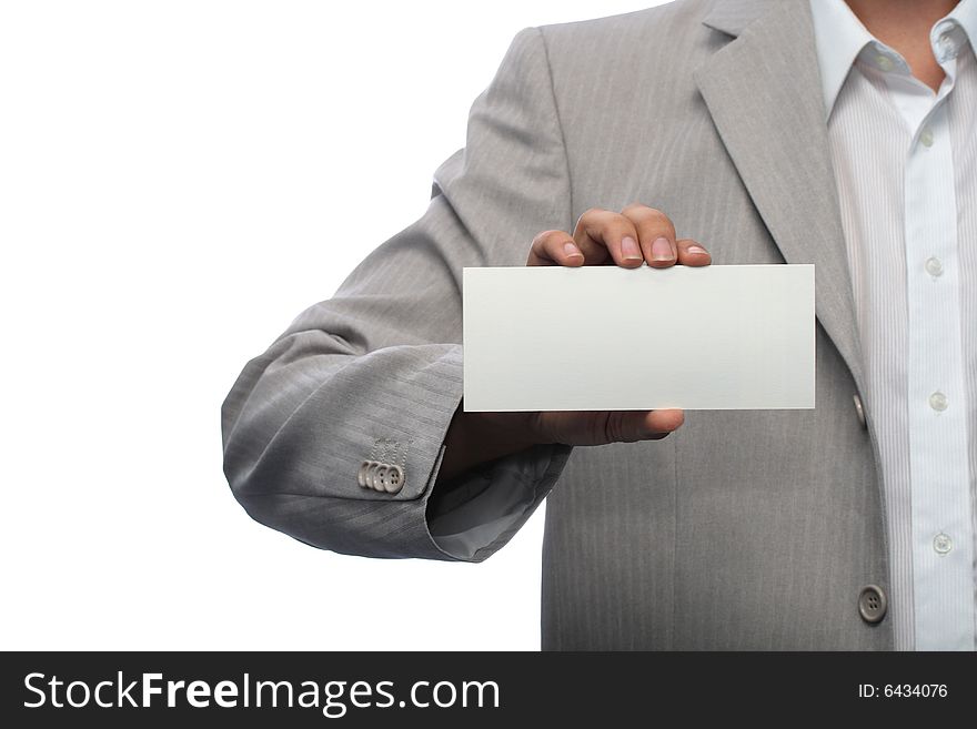 Businessman holding blank calling card in his hand. Businessman holding blank calling card in his hand