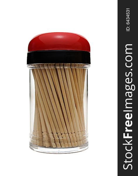 Toothpicks in red plastic dispenser isolated over white, clipping path included
