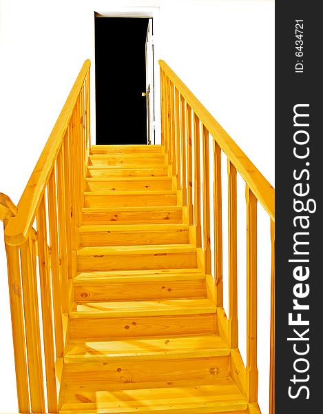 Close-up of yellow ladder going upstairs to the room which is open, dark.