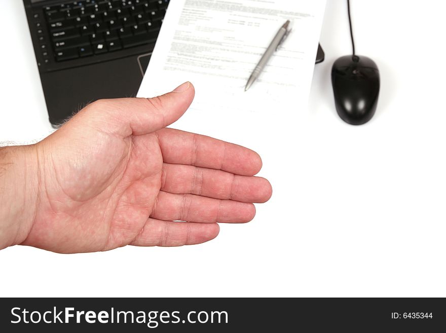 Extended hand,  isolated on white background