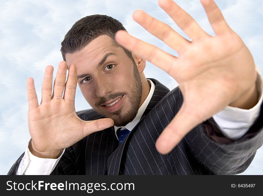 Executive giving directing hand gesture against white background