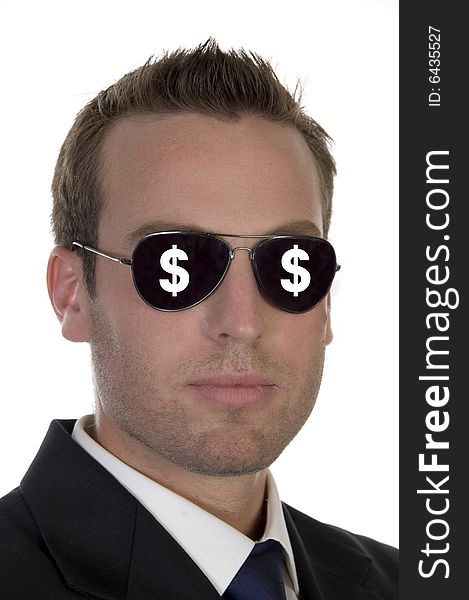 Young american businessman with dollar signs on his sunglasses
 with white background