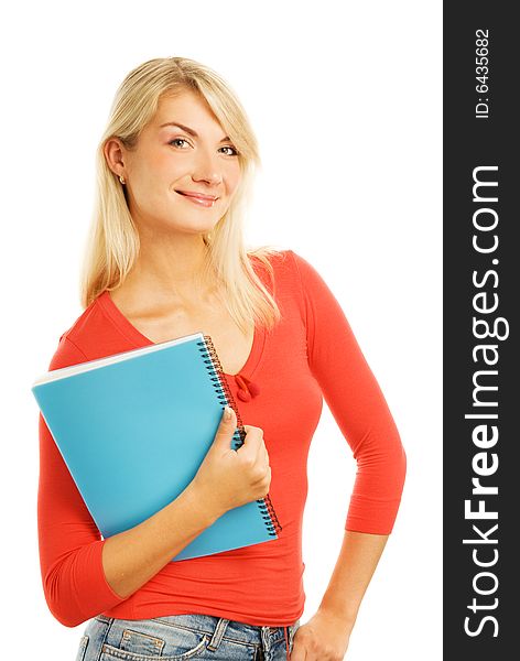 Attractive teenage girl with notebooks isolated on white background