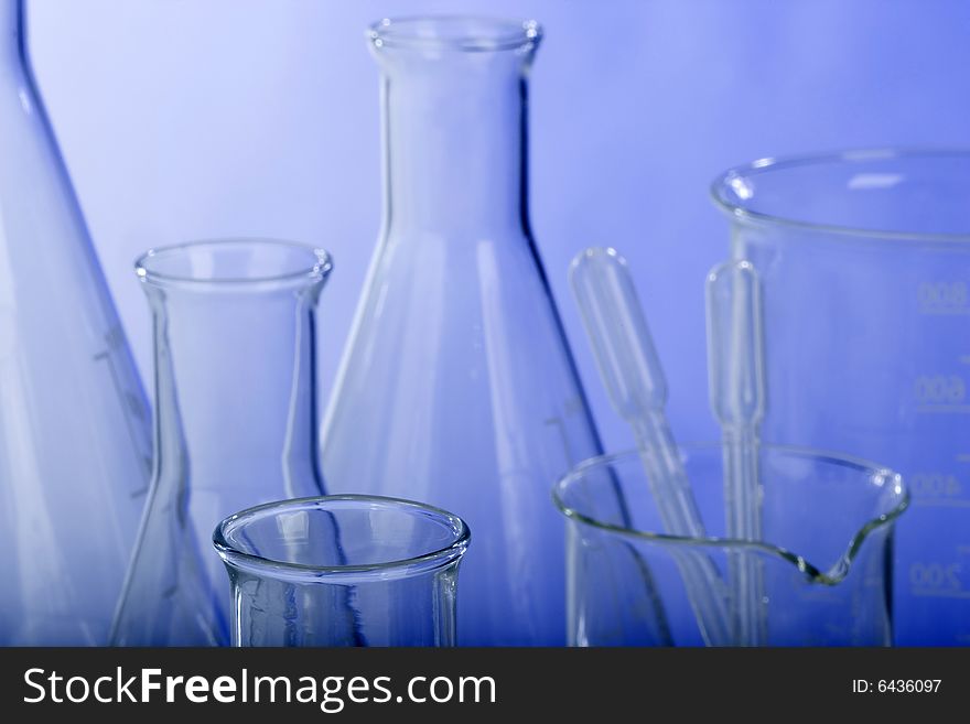 Assorted glassware in research laboratory. Assorted glassware in research laboratory