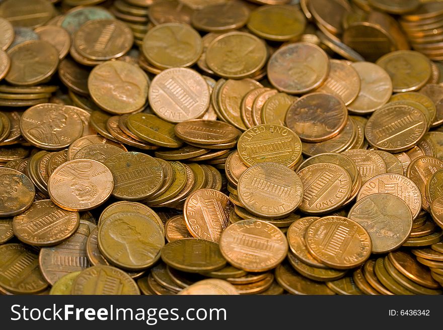 Pile of pennies to be deposited in the savings account.