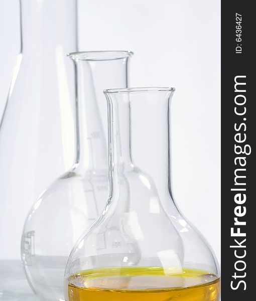 Glassware in laboratory, equipment for scientific research