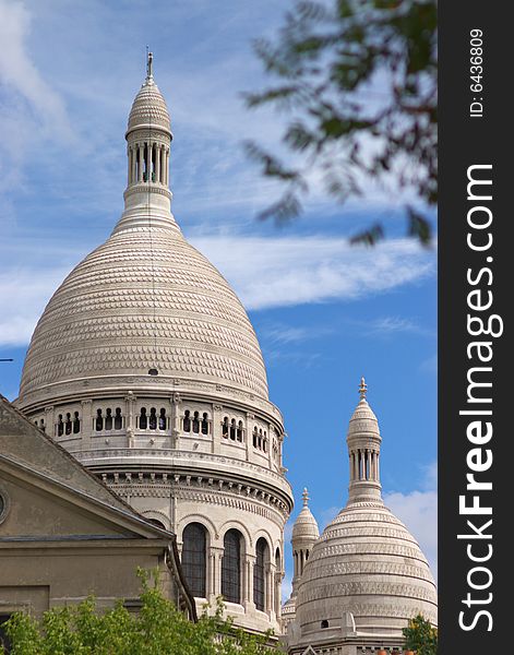 Cupolas of basilica Sacré-Coeur of Paris, vertical, Blue sky and trees,