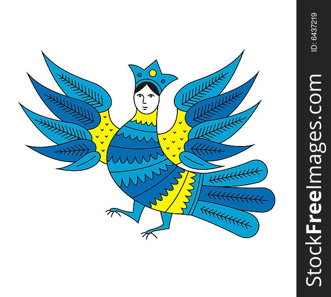 Bird with a woman's face. It is represented in the old Russian technics of a list. The bird has lifted wings upwards. On a head at it the crown is put on.