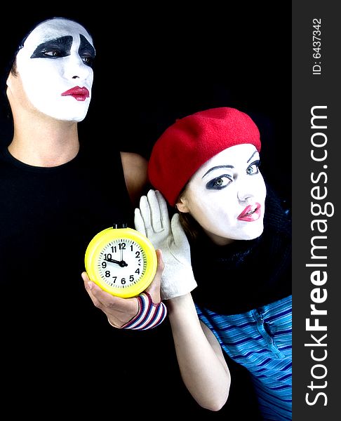 Portrait of two mimes on a black background. Portrait of two mimes on a black background