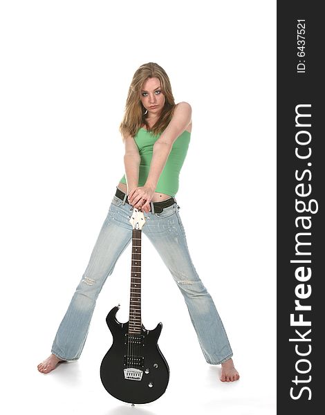 High key sexy woman with black electric guitar
