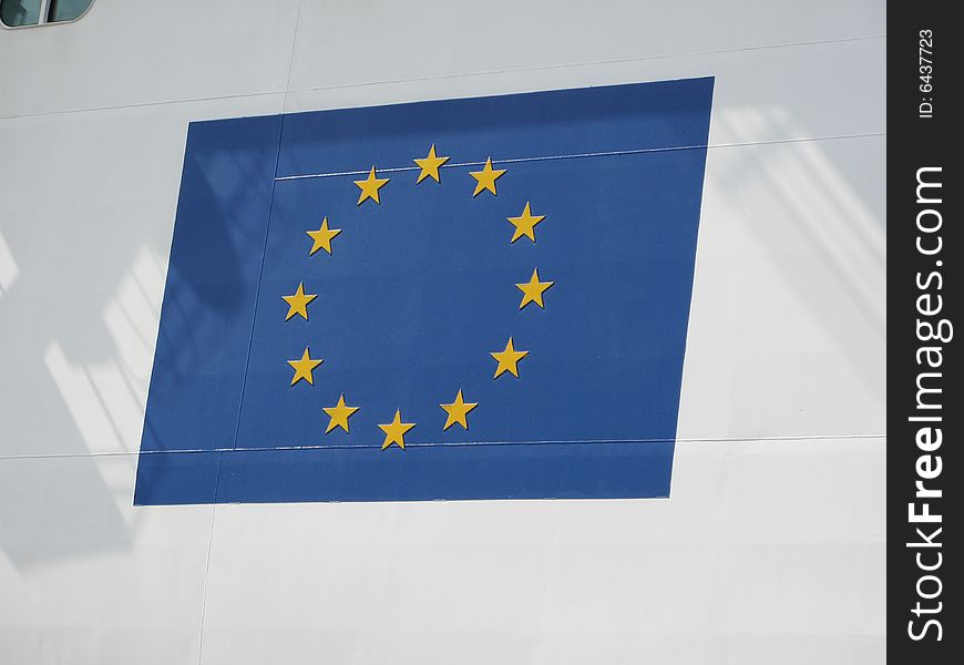 European flag on a ship bulwarks. European flag on a ship bulwarks.