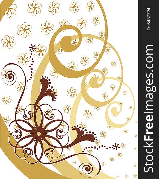 Swirling flower foliage ribbons design. Created in gold tones with a white background. Swirling flower foliage ribbons design. Created in gold tones with a white background.