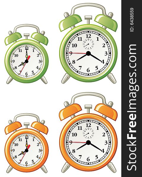 Small and big alarm-clocks in green and orange colors isolated on white. Small and big alarm-clocks in green and orange colors isolated on white