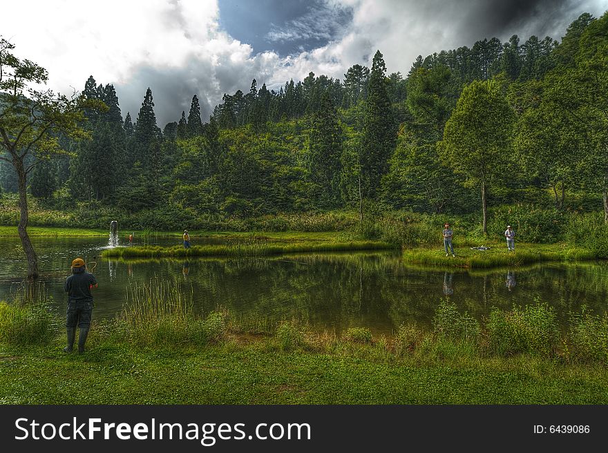 Fly-fisher around the pond