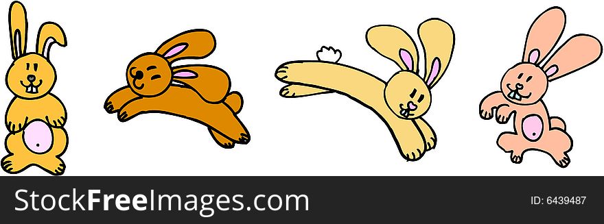 Four funny rabbits on white background. illustration