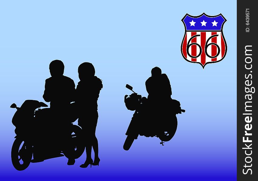 Vector drawing silhouettes road motorcycles on a blue background. Vector drawing silhouettes road motorcycles on a blue background