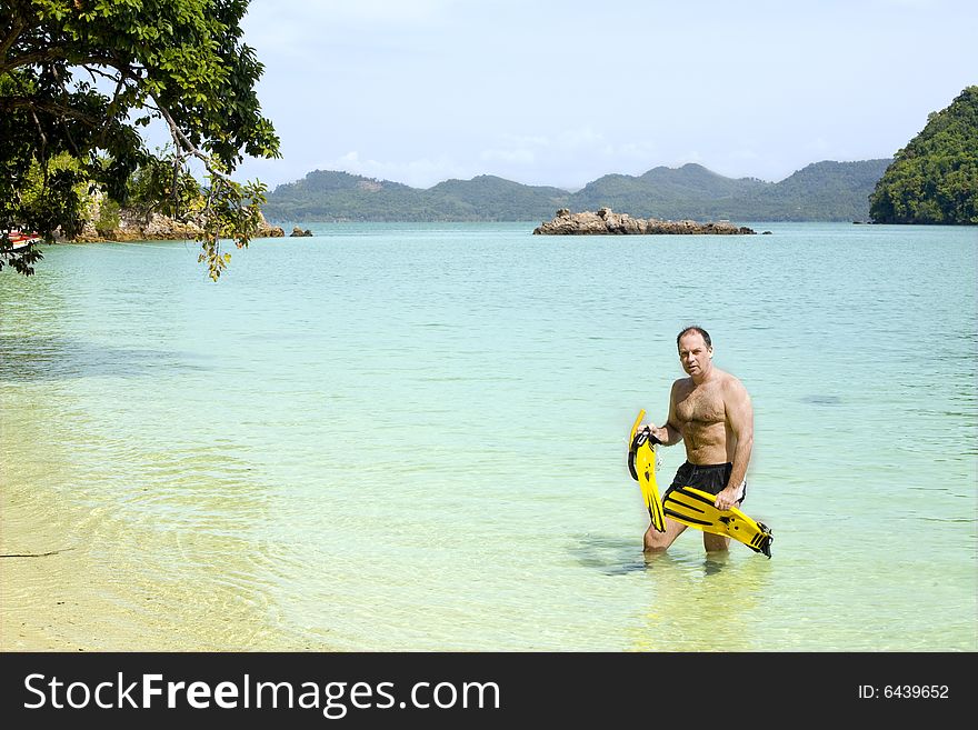 Man with in water with snorkeling gear