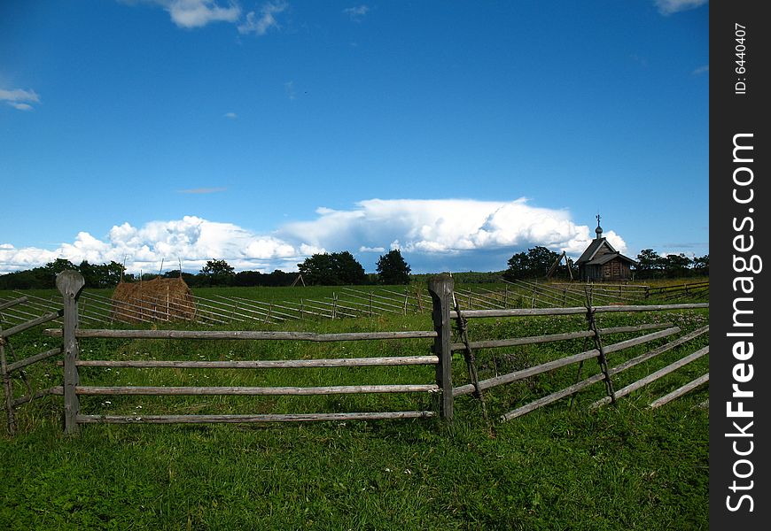 Onega lake. Archipelago of Kizhi. Picturesque landscape. North forest island. Summer. Historical museum ensemble.