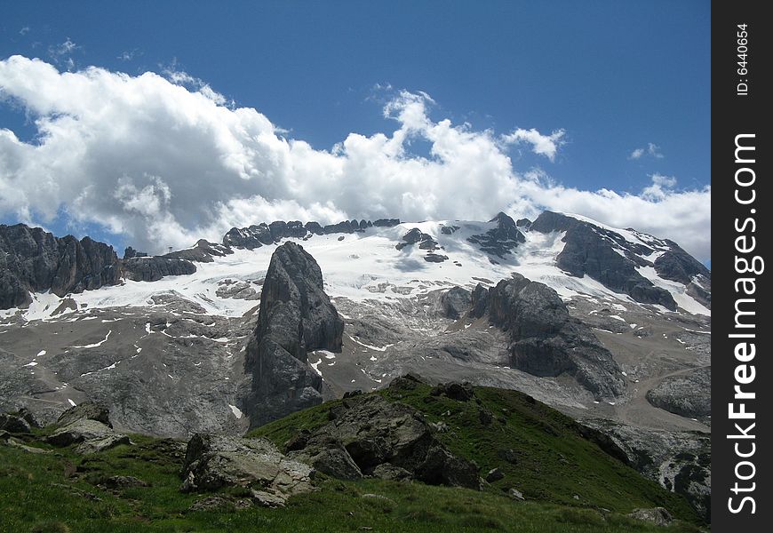 Landscape of Marmolada glacier in the dolomites, during summer