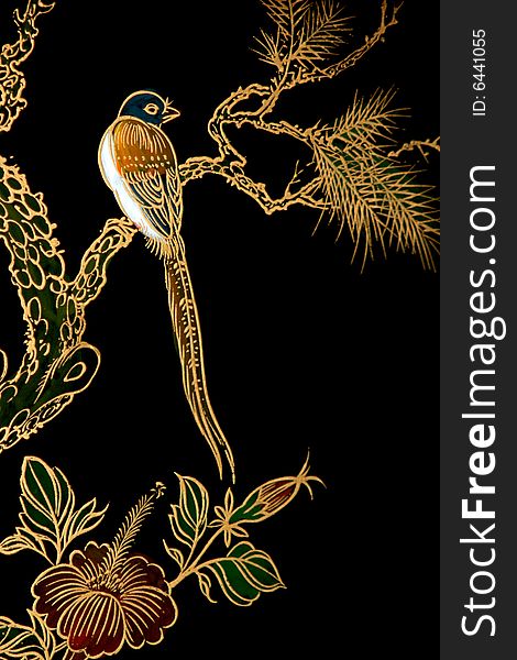 An oriental bird perched on a branch above a flower against a black background. An oriental bird perched on a branch above a flower against a black background.